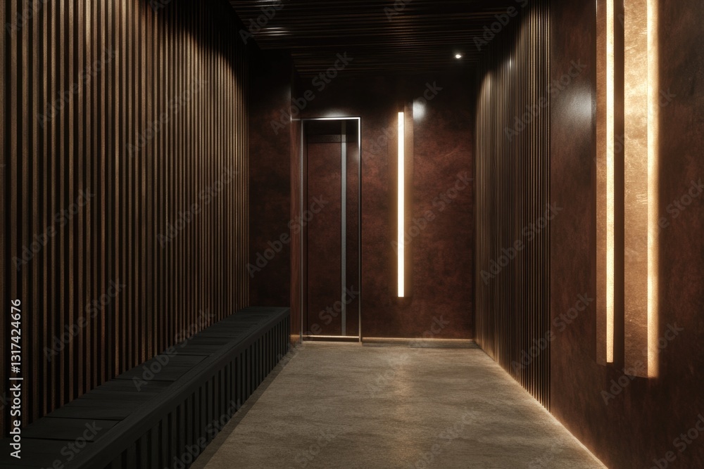 Fototapeta premium A long hallway with a bench and wooden walls, perfect for architectural or interior design uses