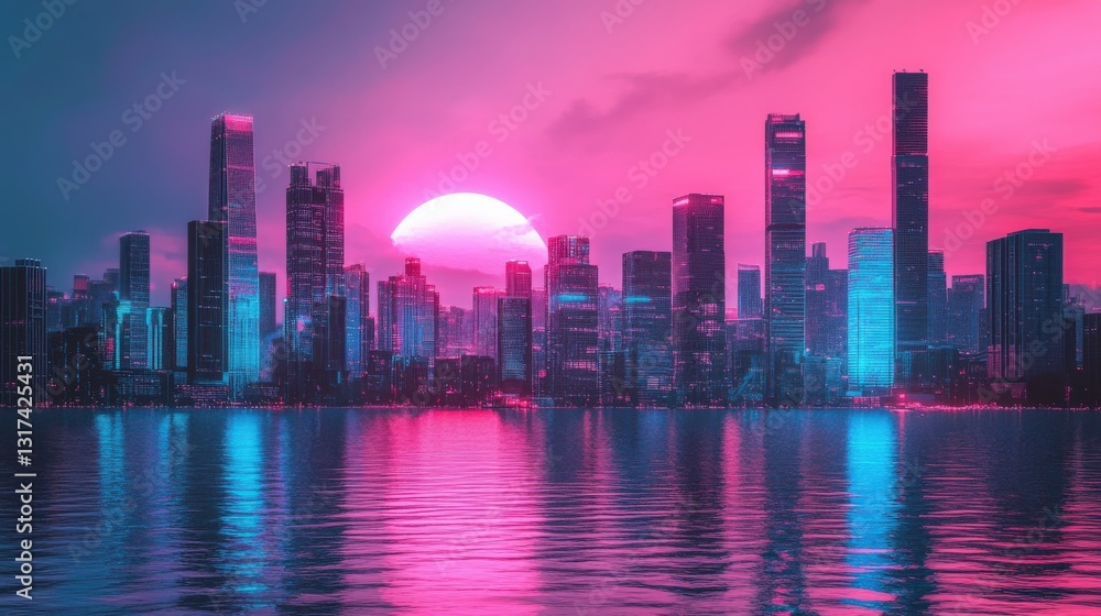 Fototapeta premium Vibrant city skyline at sunset with reflections in water, showcasing modern architecture and colors