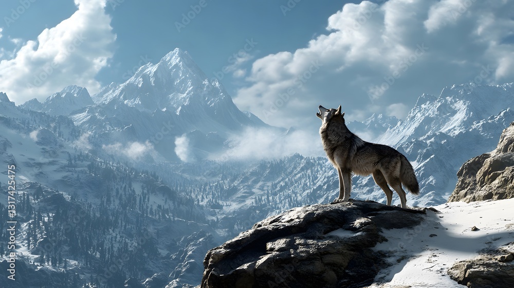 Fototapeta premium Wild Wolf's Howl in Mountain Majesty: A lone wolf, silhouetted against a breathtaking backdrop of snow-capped mountains and a vast, cloudy sky, raises its head in a powerful howl.