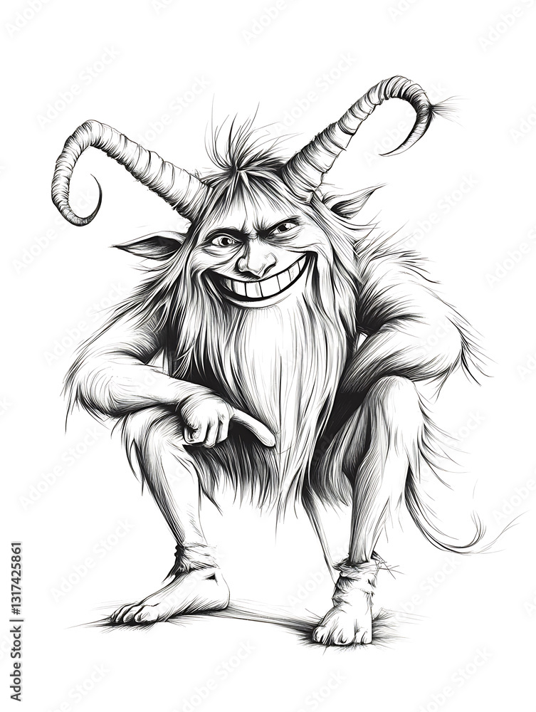 A whimsical detailed grayscale illustration of a mischievous hairy creature with curved horns a wide grin and pointed ears. A whimsical detailed grayscale illustration of a mischievous hairy creature with curved horns a wide grin and pointed ears.