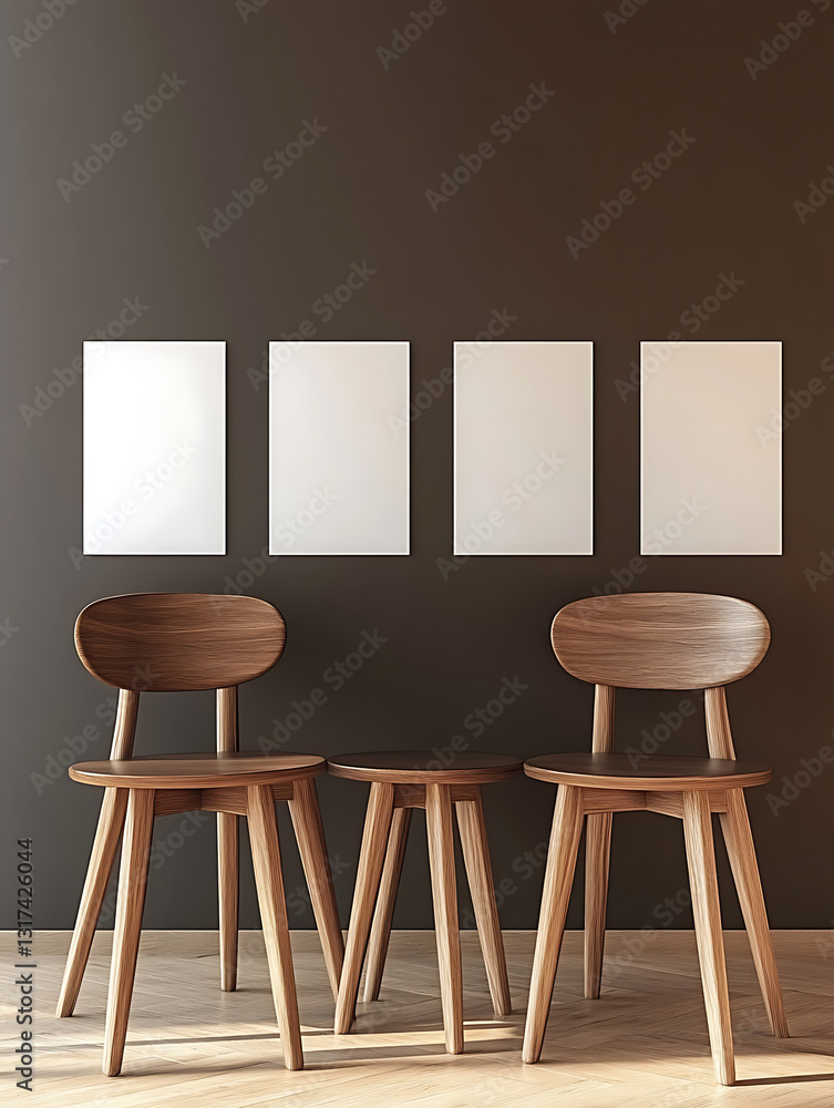 Two wooden chairs and a stool stand before four blank rectangular frames on a dark wall. Two wooden chairs and a stool stand before four blank rectangular frames on a dark wall.