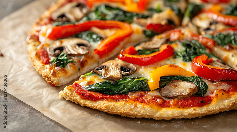 Vegetable pizza with mushrooms and spinach
