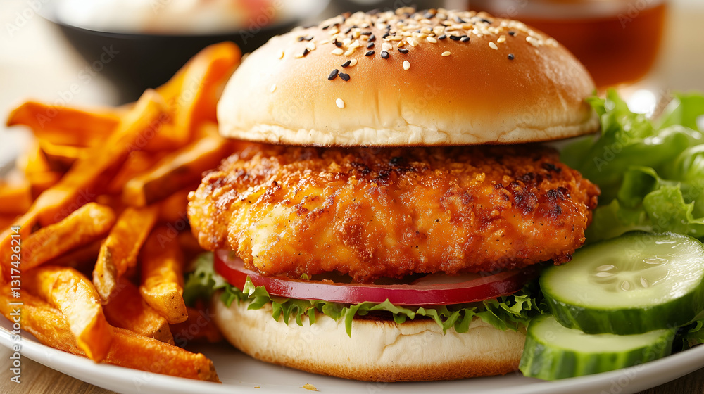 Crispy chicken sandwich with sweet potato fries