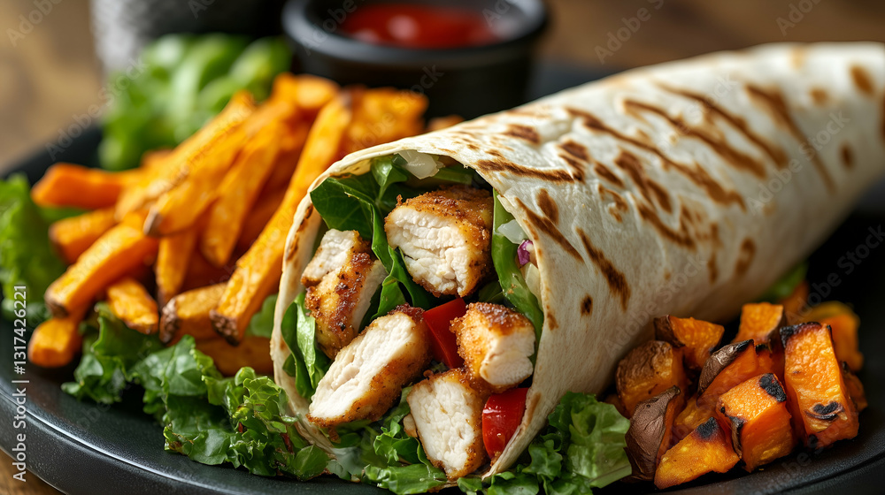 Grilled chicken wrap with sweet potato fries