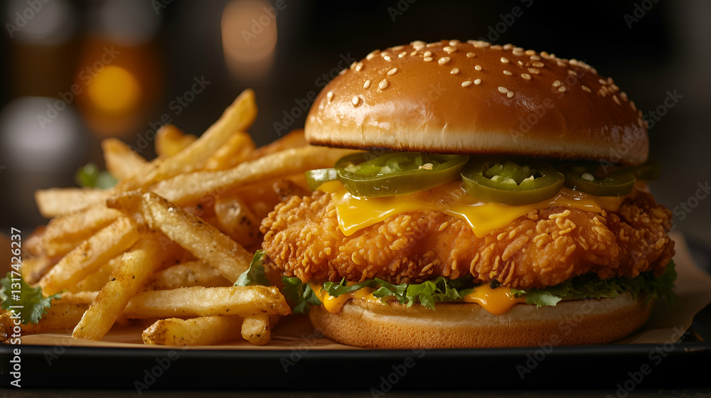 Spicy crispy chicken sandwich with fries