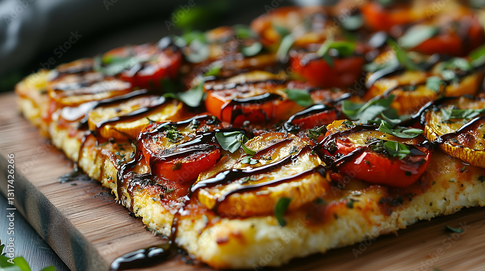 Roasted vegetable flatbread with balsamic glaze