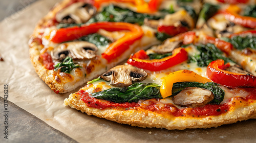 Obraz na płótnie Vegetable pizza with mushrooms and spinach w salonie