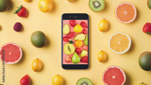 Mobile application for counting calories on smartphone. Tiny people with diagram in big mobile phone and fresh food vegetables count calorie