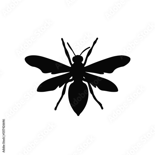 Silhouette of a wasp with wings spread on white background, nature symbolism