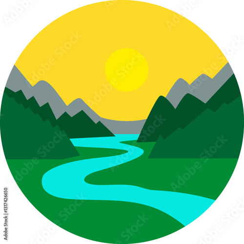 River through mountains at sunset, a scenic landscape icon showing a winding blue river between gray peaks under a yellow sun in a circle