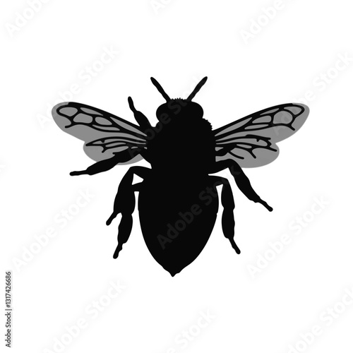 Silhouette of a buzzing bee on white background, nature symbolism