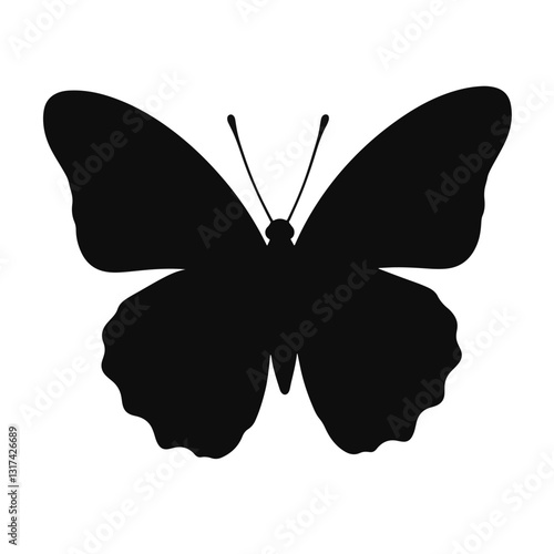 Elegant black butterfly silhouette on white background, transformation