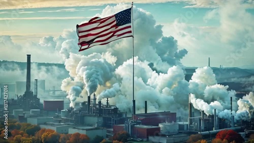 Drapeau américain flottant doucement devant des cheminées polluantes

