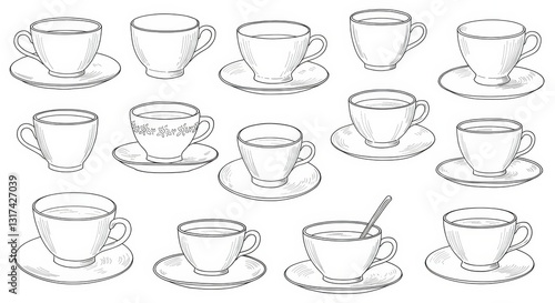 Wallpaper Mural Black Line Drawings of Teacups and Saucers Torontodigital.ca