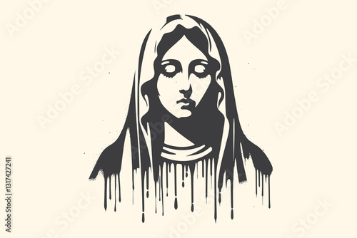 Virgin Mary graffiti, black spray paint with drips, vector art