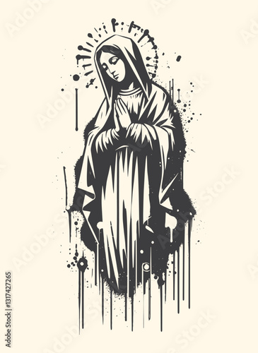 Virgin Mary graffiti, black spray paint with drips, vector art