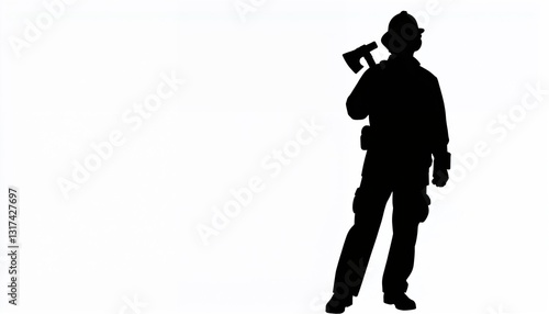 Firefighter silhouette holding axe against white background