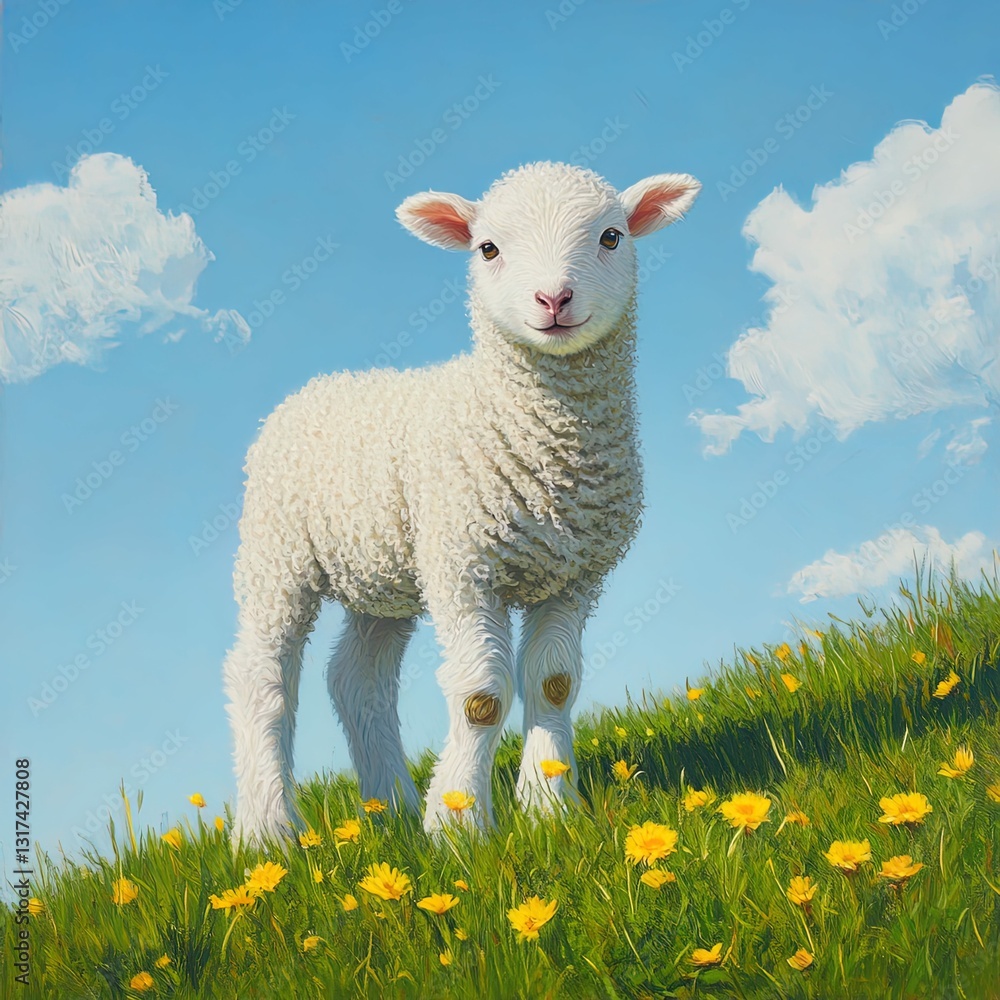 Fototapeta premium White lamb standing in a bright green field.