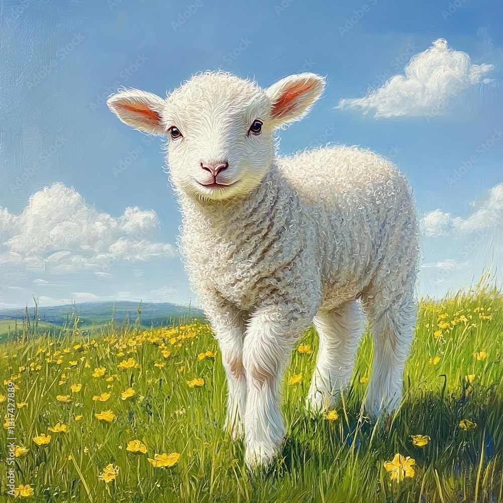 Fototapeta premium White lamb standing in a bright green field.