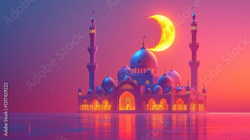 Eid celebration at mosque pastel illustration ramadan background islamic art environment