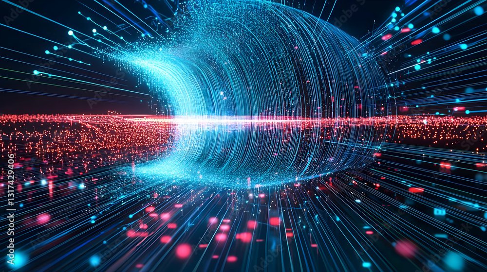 Abstract Futuristic Digital Data Stream With Glowing Blue And Red Particles In Cyberspace Abstract Futuristic Digital Data Stream With Glowing Blue And Red Particles In Cyberspace