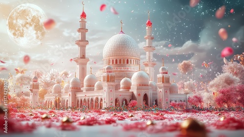 Eid celebration illustration featuring a majestic mosque in a pastel background for ramadan