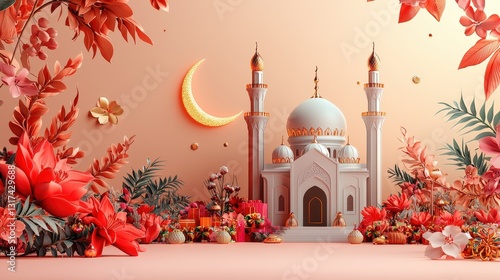 Eid celebration illustration at a mosque pastel background islamic art vibrant scene