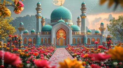 Eid celebration illustration at a mosque pastel background islamic art in nature