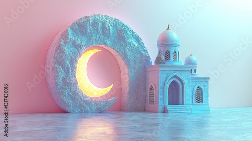 Whimsical eid illustration with mosque and moon pastel background islamic theme