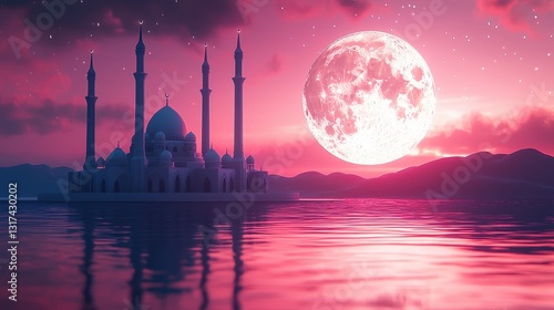 Eid celebration at mosque pastel islamic illustration serene night background ramadan