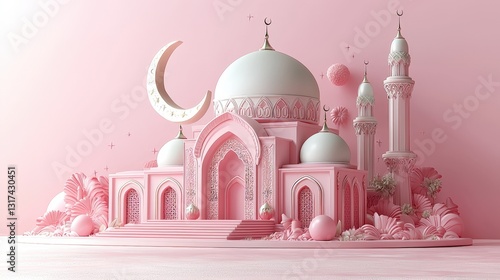 Whimsical illustration of a mosque for eid and ramadan pastel islamic background creative art