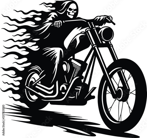 Ghost Rider Chopper, Skull face chopper rider, grim reaper riding a chopper motorcycle silhouette, design, art, illustration