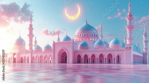Eid celebration at mosque islamic illustration in pastel background peaceful environment