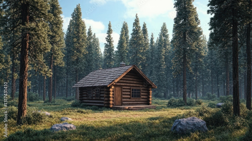Secluded timber cabin nestled deep within a lush conifer forest landscape Secluded timber cabin nestled deep within a lush conifer forest landscape