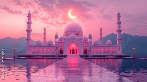 Eid celebration at a beautiful mosque pastel background illustration islamic design concept