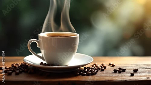 Aromatic Coffee Ritual: An inviting close-up captures a steaming cup of coffee, surrounded by scattered roasted beans, exuding warmth and inviting aroma. The light, the rich brown hues of the beans.