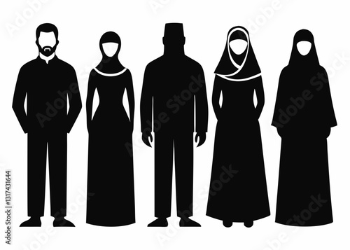 A Set Of Black Silhouette Muslim Arab Man And Women On White Background
