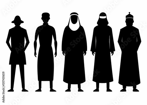 A Set Of Black Silhouette Muslim Arab Man And Women On White Background