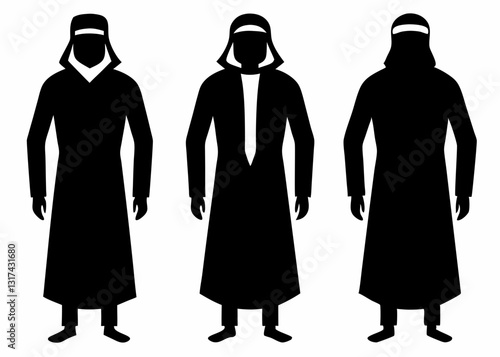 A Set Of Black Silhouette Muslim Arab Man And Women On White Background