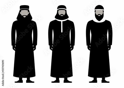 A Set Of Black Silhouette Muslim Arab Man And Women On White Background