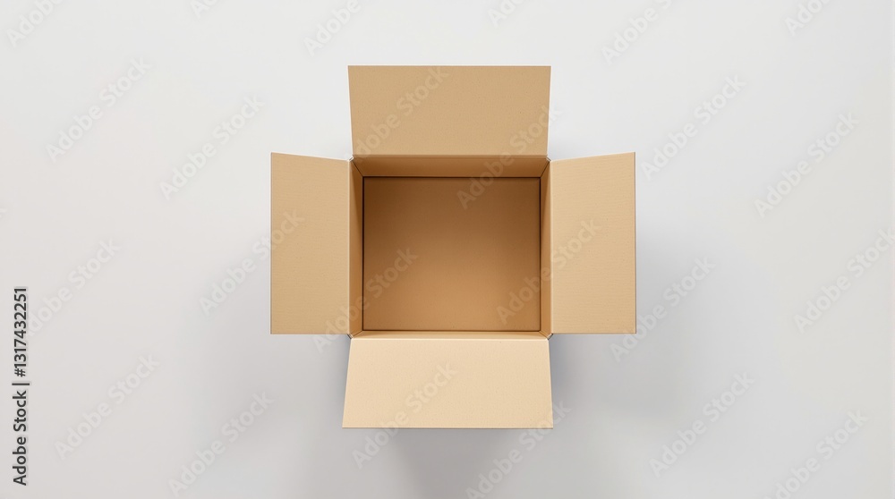 Open cardboard box with unfolded flaps, displayed on a light background. Minimalistic style, symbolizing packaging, storage, or shipping. Ai generative Open cardboard box with unfolded flaps, displayed on a light background. Minimalistic style, symbolizing packaging, storage, or shipping. Ai generative