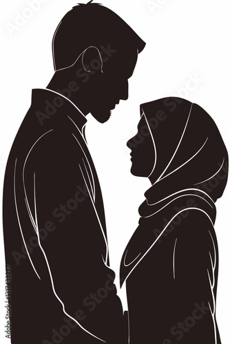 Man and woman in hijab in silhouette on white background looking to each other