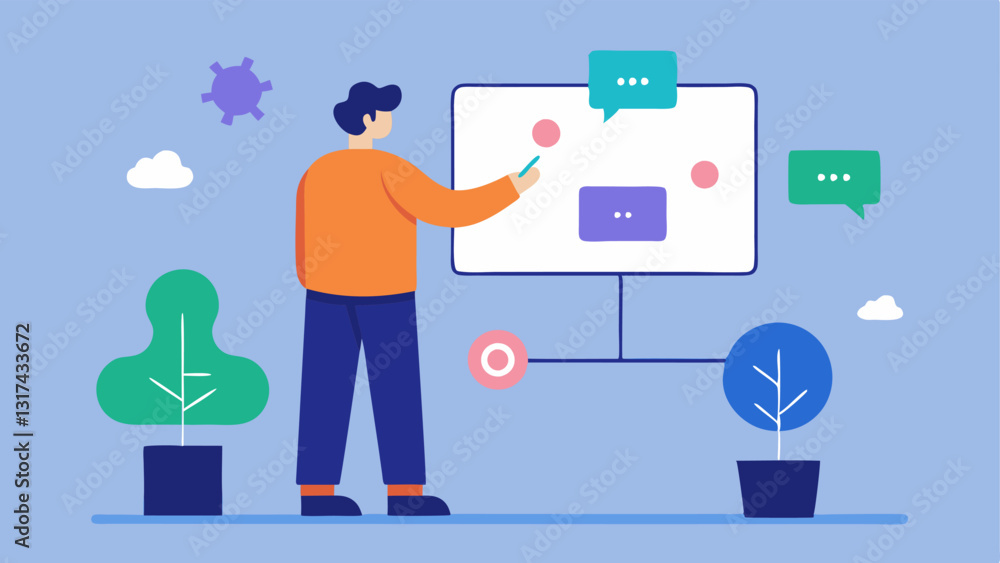 Idea Mapping A writer using a digital whiteboard filled with mind maps and keywords while an AI icon presents suggestions that connect different ideas visually. Idea Mapping A writer using a digital whiteboard filled with mind maps and keywords while an AI icon presents suggestions that connect different ideas visually.