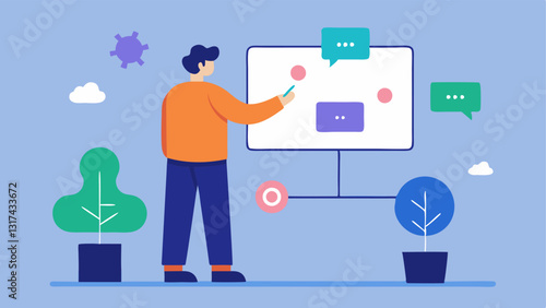 Idea Mapping A writer using a digital whiteboard filled with mind maps and keywords while an AI icon presents suggestions that connect different ideas visually.