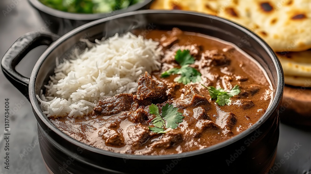 Arabian lamb curry served with fluffy basmati rice and naan bread Arabian lamb curry served with fluffy basmati rice and naan bread