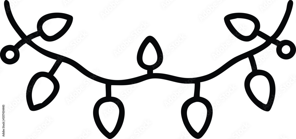 One continuous line drawing of Christmas garland with light bulbs. Festive festoon xmas string and divider border in simple linear style. Editable stroke. Doodle vector illustration One continuous line drawing of Christmas garland with light bulbs. Festive festoon xmas string and divider border in simple linear style. Editable stroke. Doodle vector illustration