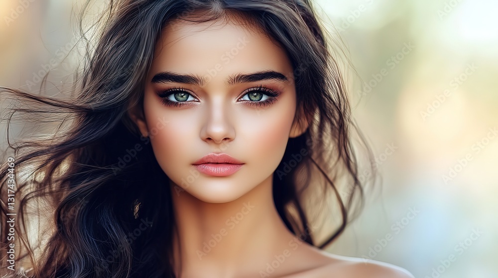 pretty woman portrait with relax and happy optimistic atmosphere, gorgeous Spanish woman looking at camera with hair in wind blow pretty woman portrait with relax and happy optimistic atmosphere, gorgeous Spanish woman looking at camera with hair in wind blow