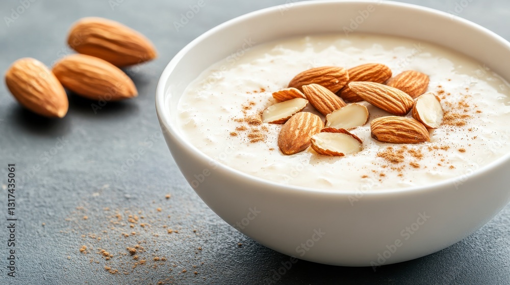 A creamy bowl of yogurt topped with sliced almonds, served alongside whole almonds on a textured surface.