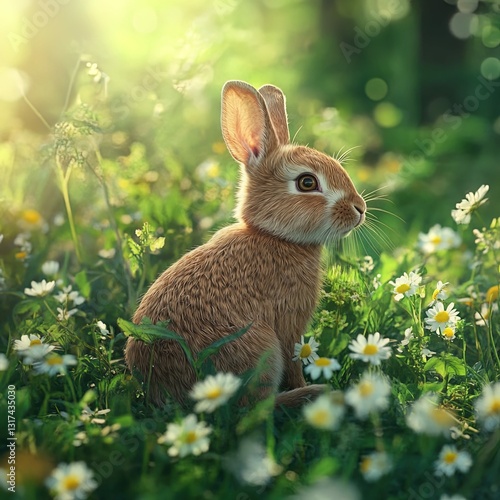 Brown rabbit sitting in a lush green meadow.