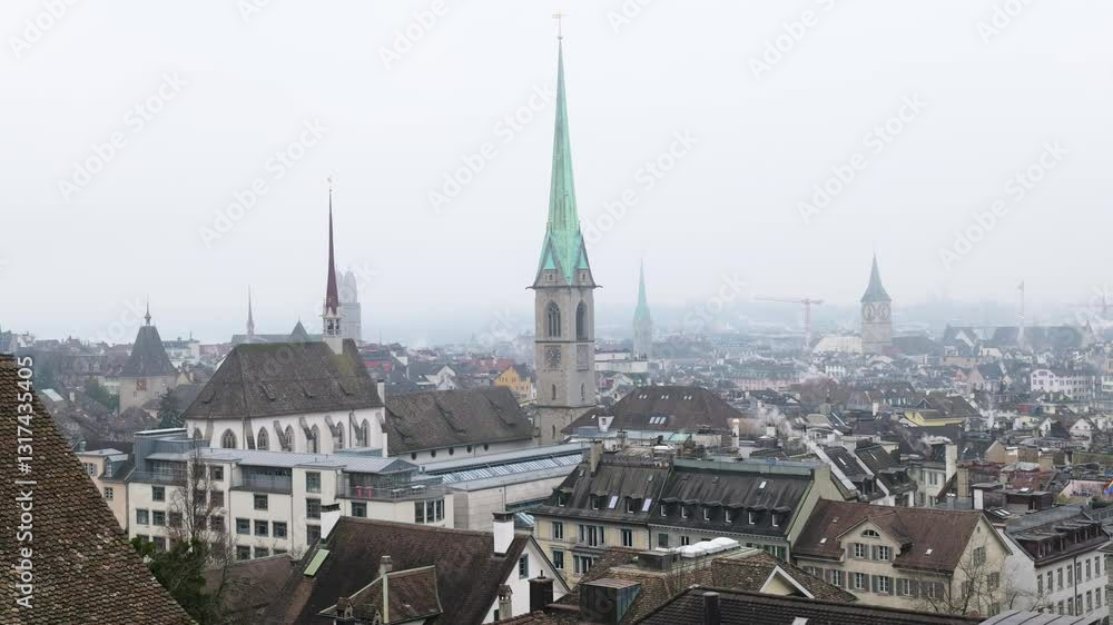 zurich’s old town city center switzerland foggy historical buildings churches observatory overview gives glimpse swiss heritage panning shot identity cultural vibrancy zurich’s old town city center switzerland foggy historical buildings churches observatory overview gives glimpse swiss heritage panning shot identity cultural vibrancy